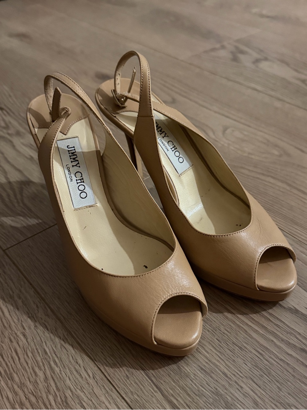 Jimmy Choo Nude Beige Peep-Toe Slingback Heels